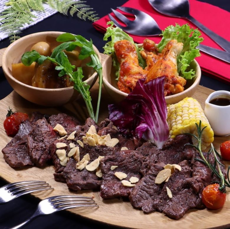 Premium meat plate with premium beef steak, chicken cacciatore, and braised pork