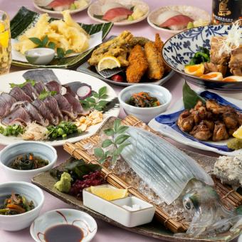 Spring Banquet [Harukaze] Freshly caught seasonal fish sashimi, straw-grilled bonito salad, charcoal-grilled chicken thighs, and other carefully selected ingredients (120 minutes all-you-can-drink included)