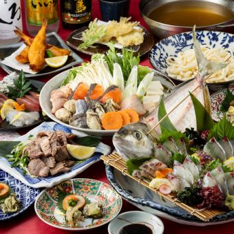 冬宴会【六(ろく)】活〆旬魚造りや海鮮ちゃんこ鍋、ふぐ唐揚や牛タン葱焼等《120分飲み放題付》