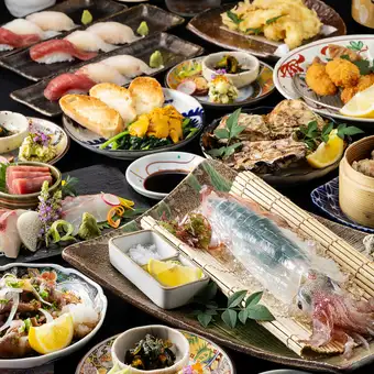 広島名物【2】活きイカ姿造り付厳選刺身・殻付焼牡蠣 広島贅沢コース《120分飲み放題付》6,500円