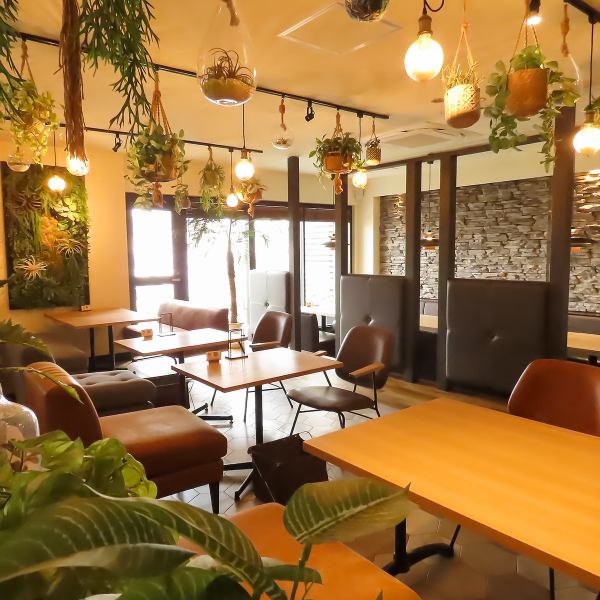 店内はボタニカルテイストを基調に、自然光が差し込む開放的な空間。昼は明るく、夜は落ち着いた照明で雰囲気が変わります。70席以上の広々空間で、思い思いの時間を楽しめます。