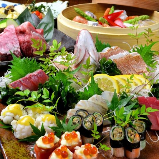 [Luxury Course] / Carefully selected sashimi / Mackerel tofu / Thick rolls etc. 2 hours all-you-can-drink including tank sake 6600 yen