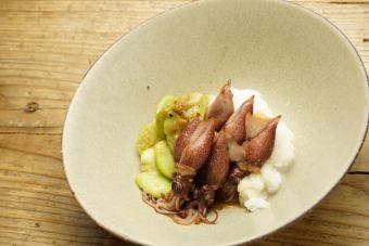 Japanese-style Peperon with Firefly Squid and Broad Beans