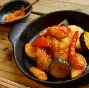 Conger eel and summer vegetables stir-fried with Sichuan pepper