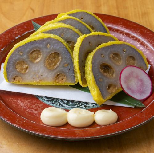 Freshly fried mustard lotus root