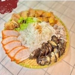 Fried tofu, fried spring rolls, pork innards, bun