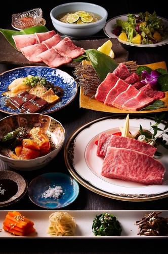 【松阪牛沙朗牛排套餐】包含「松阪牛烤肉、上層牛排、上層瘦肉」共11道菜品13,200日圓（含稅）