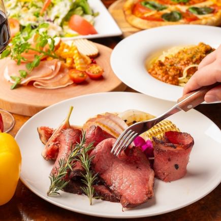 【女子会プラン3480円】ローストビーフ＆生ハム食べ放題やピザ等6品＋生ビールOK2時間飲み放題