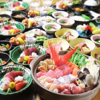 120分生ビール込〔飲放〕 旬魚介の寄せ鍋or陶板焼き& 個別盛料理　6050円コース