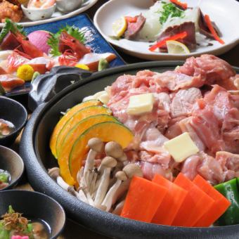 120 分钟 12 道菜套餐，可选择寄生火锅或烤知床鸡等主菜，并无限畅饮 4,950 日元