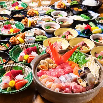 120 分钟畅饮(含生啤)、时令海鲜火锅或烤海鲜及单点菜肴:6050 日元套餐。