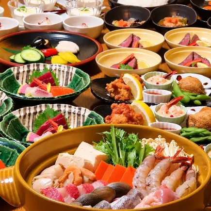 120 分钟畅饮（含生啤）、时令海鲜火锅或烤海鲜及单点菜肴：6050 日元套餐。