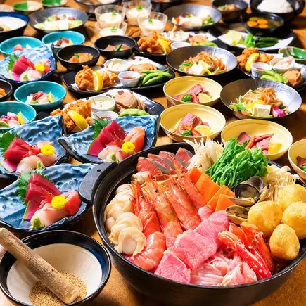 12分鐘無限暢飲海鮮相撲火鍋套餐(12道菜),含生啤酒:7,700日圓(90分鐘停止點餐)