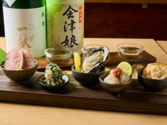 Three types of sake tasting set with six kinds of accompanying snacks