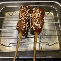 Homemade miso-glazed katsu skewers
