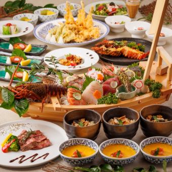 【３H飲放】伊勢海老付◆金箔いくらに蟹や牡蠣、清流鶏や十勝牛も含『松』全12品7420円⇒6600円