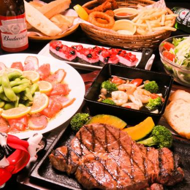 【お手軽★JOLLY'Sコース】90分飲放付<前菜3種/牛ステーキ/海老のアヒージョ等>全7品3000円