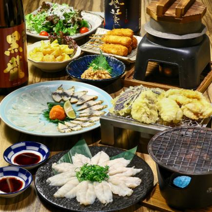★名物!厚切りてっさ食べ比べと焼きふぐを愉しむ浜金ご馳走コース◆120分飲放題込6000円