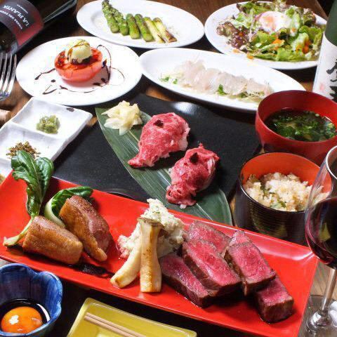 【国産牛赤身肉コース☆】肉寿司とお肉の鉄板焼き等8品3時間飲み放題付【5500円】