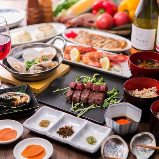 【デートや記念日に】国産牛ステーキ&活あわびの鉄板焼き等全10品2時間飲み放題【6600円】