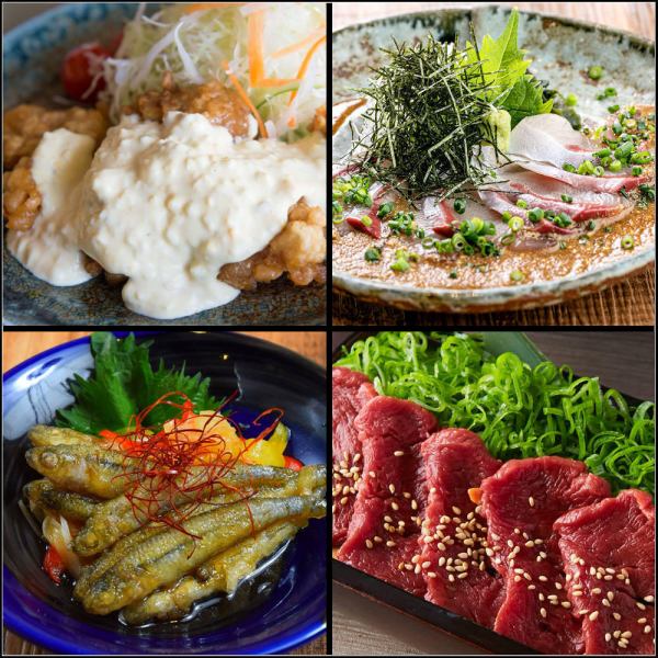 【品尝九州各地的乡土料理】熊本的名产马刺身、福冈芝麻鰤鱼等，与清酒相得益彰。
