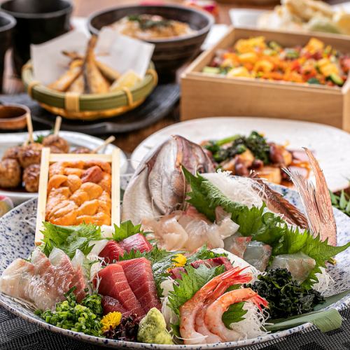 [San Course] Enjoy luxurious seafood.2.5 hours of all-you-can-drink 9 dishes including overflowing sushi and fresh fish steamed in a bamboo steamer for 8,000 yen
