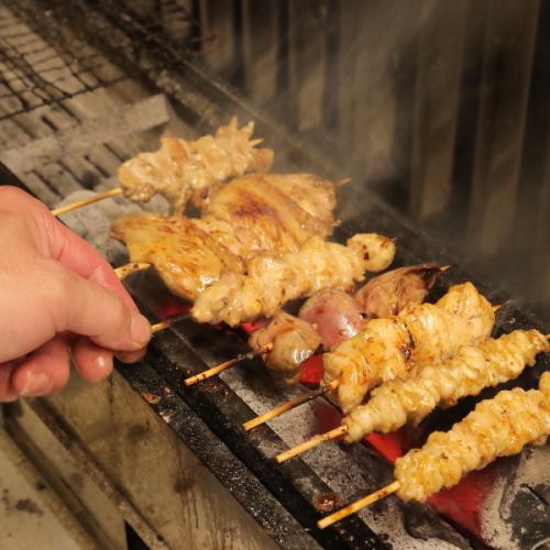 Skewers grilled with binchotan charcoal