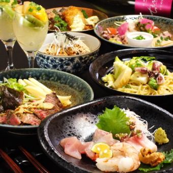 5000日元“非常满意的套餐”，包含5种生鱼片、牛排等7种菜肴、2小时无限畅饮