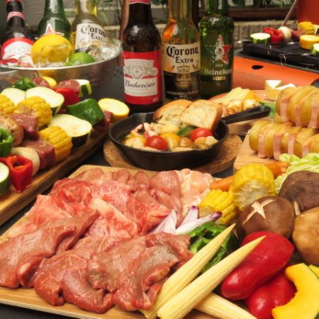 【露台燒烤】～附燒烤套餐～牛肉、烤蔬菜、香腸等7道菜品3900日圓（含稅）