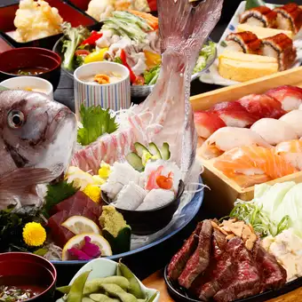 【3時間飲み放題付】へその宴会～松～コース◆鯛造り、黒毛和牛ステーキなど全10品◆税込5980円