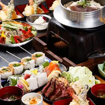 【3時間飲み放題付】へその宴会プレミアムコース◆鯛釜めし,黒毛和牛ステーキ全10品◆税込7500円