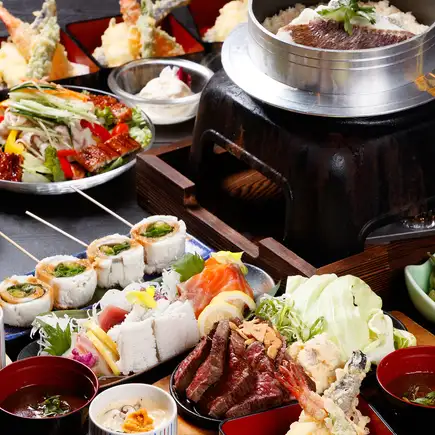 【3時間飲み放題付】へその宴会プレミアムコース◆鯛釜めし,黒毛和牛ステーキ全10品◆税込7500円