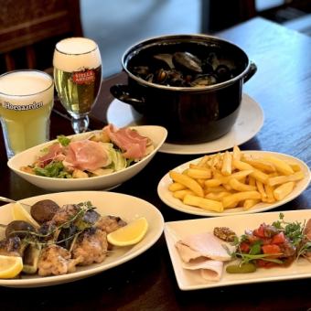 ムール貝、ブロシェット（串焼き料理）などを楽しむコースに樽生ベルギービール3種含む飲み放題