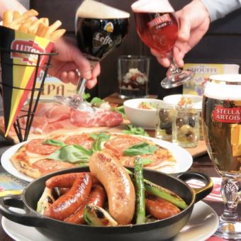 【カジュアルプラン】ソーセージなど料理5品コースに樽生ベルギービール3種含む飲み放題