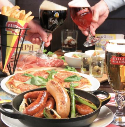 【休闲套餐】包含香肠的五道菜套餐，以及无限畅饮的比利时生啤（3种）。