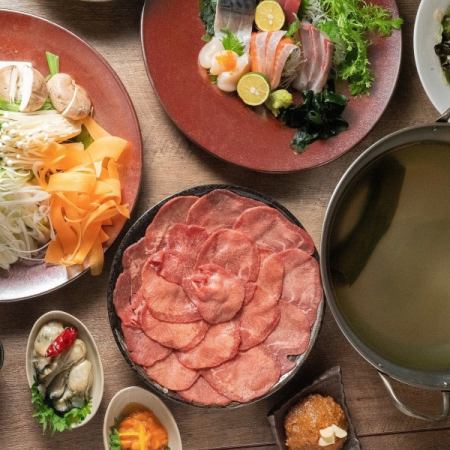 【豪華套餐】3小時無限暢飲x 8道菜，包括牛肉tanseri火鍋或仙台牛排、生魚片、厚片牛舌等5,000日元