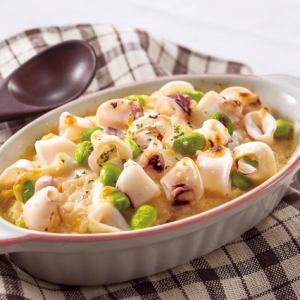 ヤリイカと枝豆の明太子クリームドリア
