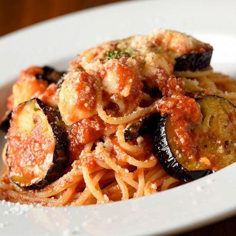 Tomato pasta with fried eggplant and mozzarella