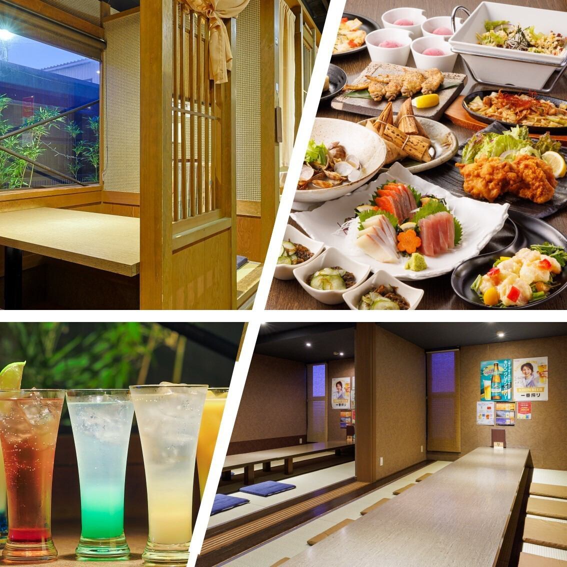 木組格子で囲まれた落ち着いた雰囲気。カウンター席から大部屋まで多様なお席をご用意