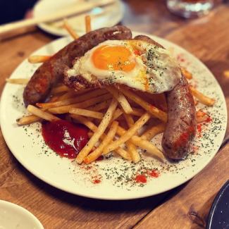 Homemade extra thick sausage and large serving of fries