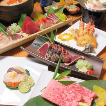 [Private room guaranteed] For entertainment and celebrations ◎ 5 types of sashimi / bonito salt tataki / Wagyu sirloin steak, etc. [9 dishes] 6,600 yen (tax included)