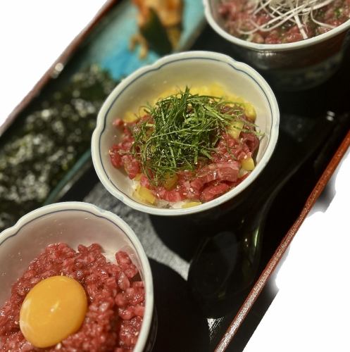 A set of 3 types of seared Japanese black beef yukke rice bowls for comparison