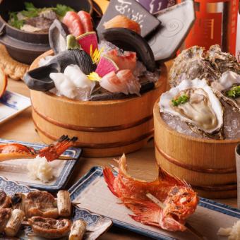 Grilled kinki, duck and onion skewers, rock oysters, luxury course ※All-you-can-drink sake