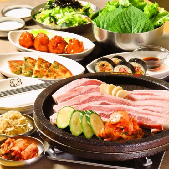 【サムギョプサルコース】オーダー率8割人気No.1サムギョプサルが楽しめる全8品　飲み放題2時間付き！