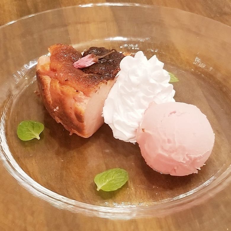 Basque-style cheesecake with cherry blossoms and cherry ice cream
