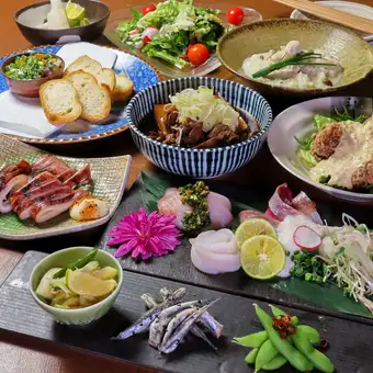 【歓送迎会 5000円 2H飲放 7品】朝獲れ鮮魚・唐揚げ・香草オイル焼き・お野菜も◎【名物コース】