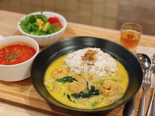 Shrimp coconut curry (with appetizer vinegar, salad, and homemade soup)