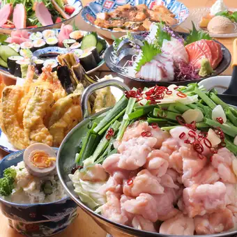 【2Hプレミアム飲み放題付】プレミアムコース　博多もつ鍋、天ぷら盛など8品6,500円（税込）