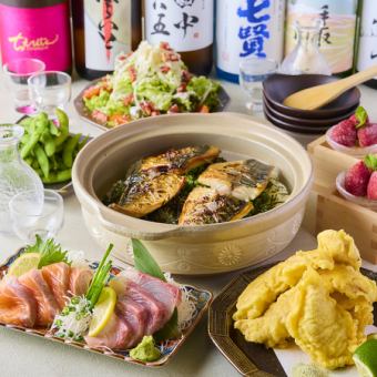 【博多名物】直送刺し盛りと鯖まぶし土鍋の博多満喫コース2時間飲み放題付/全6品3,000円（税込）