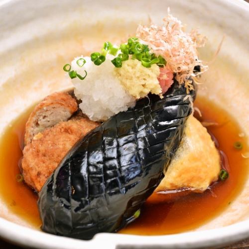 Agedashi 3 brothers (stuffed tofu, eggplant, shiitake mushroom)